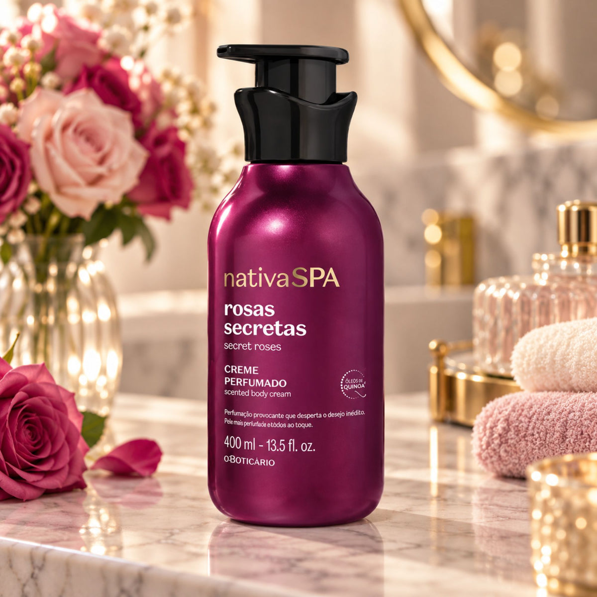 Lotion corps Nativa SPA Rosas Secretas 400 ml dans une salle de bain avec roses