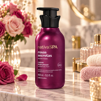 Lotion corps Nativa SPA Rosas Secretas 400 ml dans une salle de bain avec roses