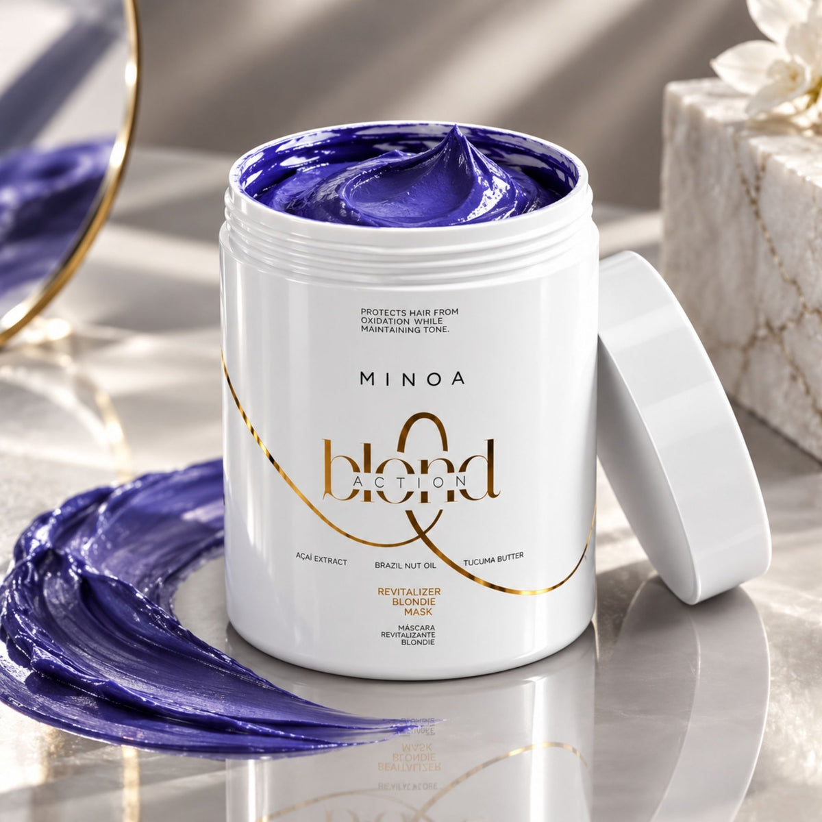 Minoa Blondie – Masque revitalisant déjaunissant 1 kg – mise en scène du produit