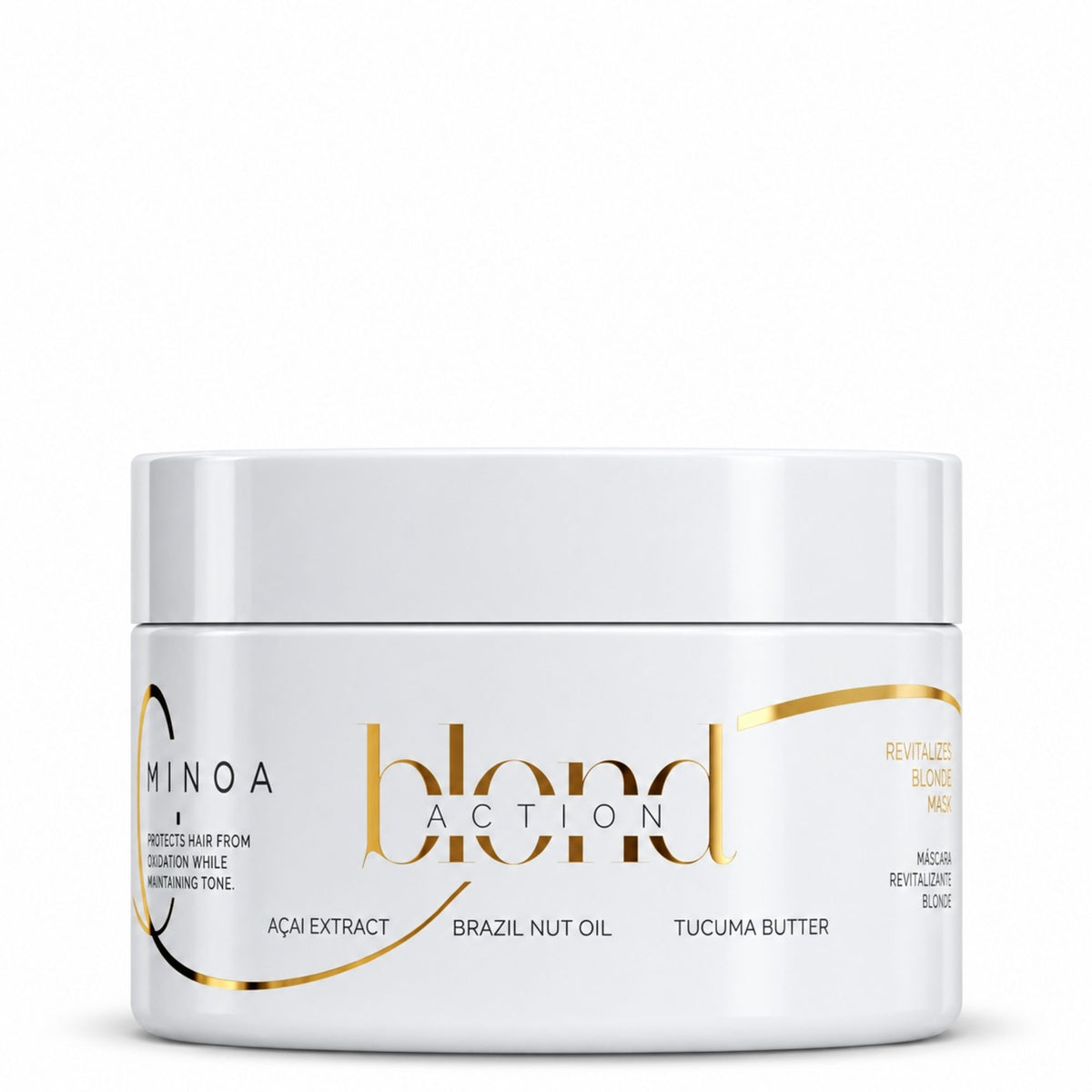 Minoa Blondie – Masque revitalisant déjaunissant 200 g – pot sur fond blanc