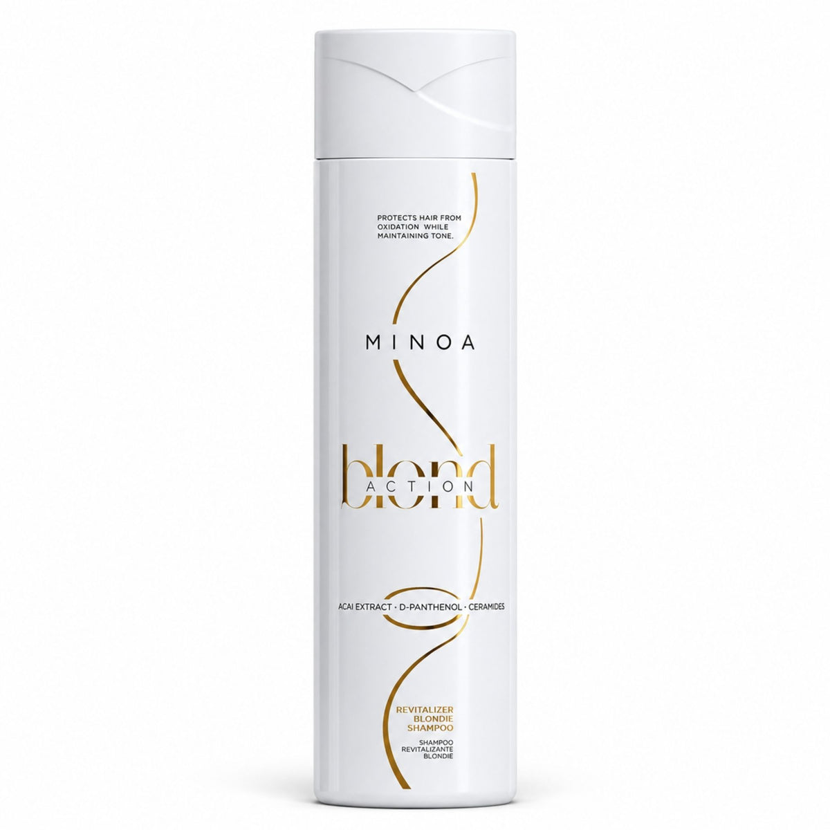 Minoa Blondie – Shampoing violet déjaunissant 250 ml – flacon sur fond blanc
