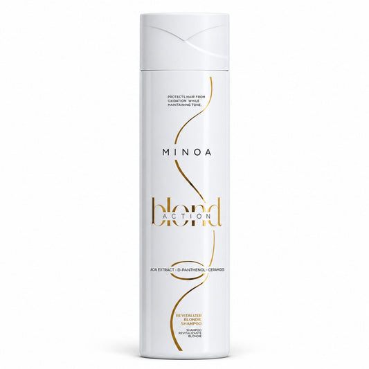 Minoa Blondie – Shampoing violet déjaunissant 250 ml – flacon sur fond blanc