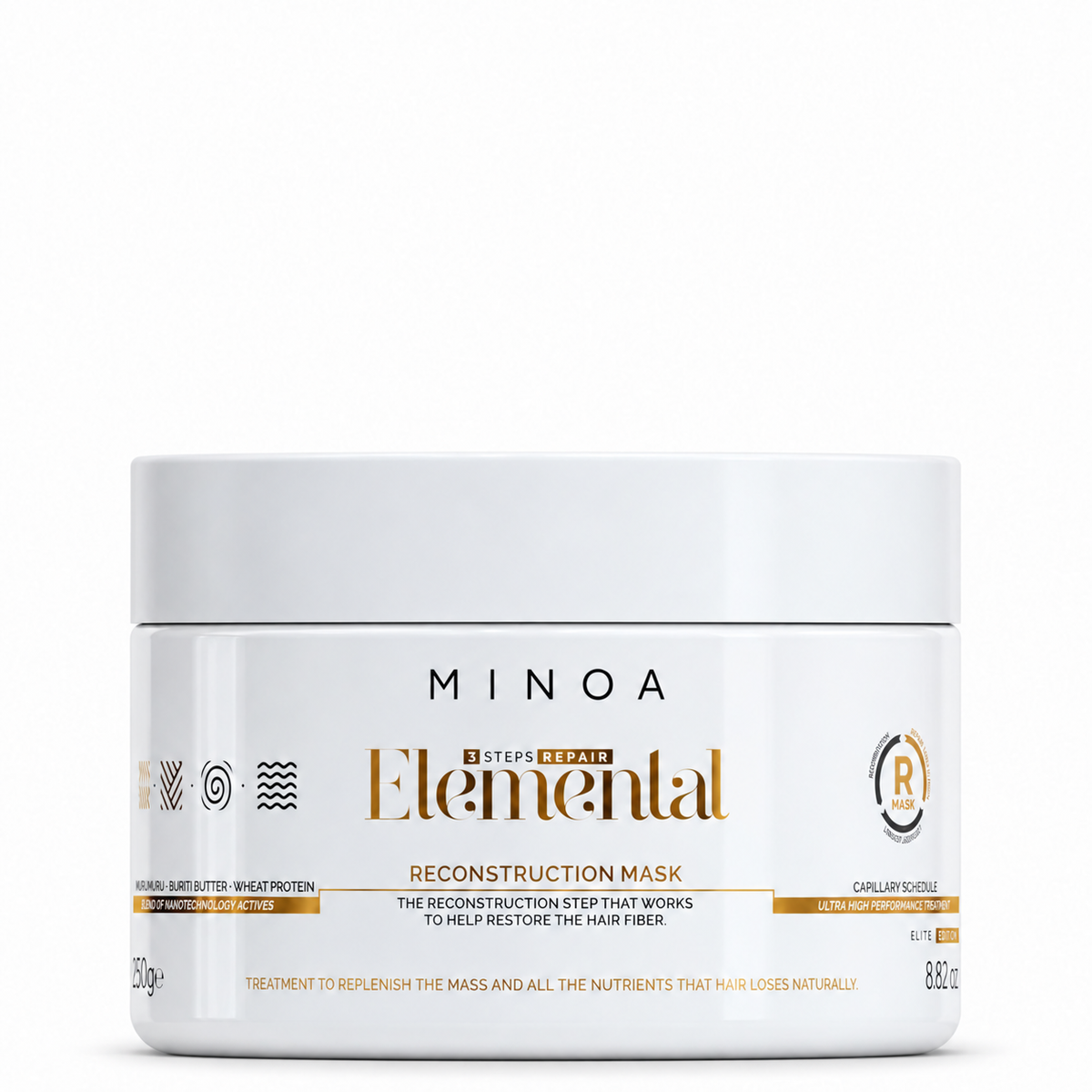 Minoa Elemental – Masque reconstructeur 250 g – pot sur fond blanc