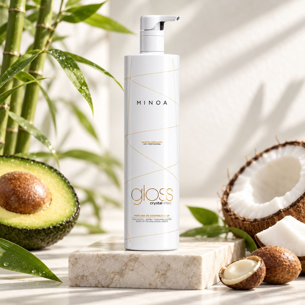 Minoa Gloss Crystal Effect – Masque contrôle pH 1 L – mise en scène du produit