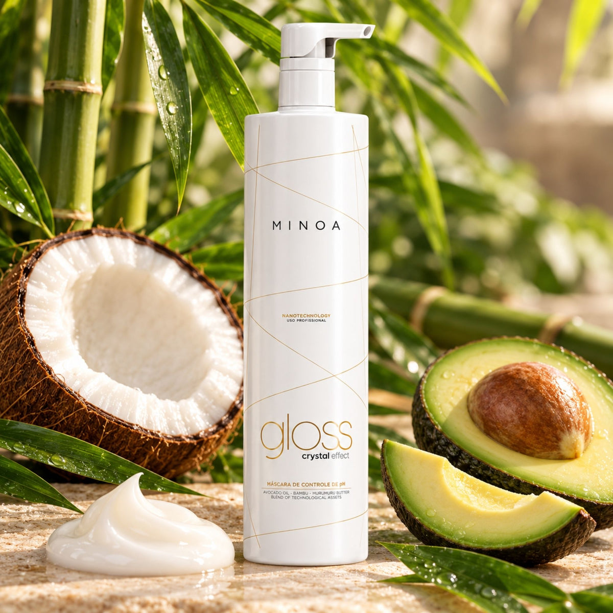 Minoa Gloss Crystal Effect – Masque contrôle pH 1 L – mise en scène du produit