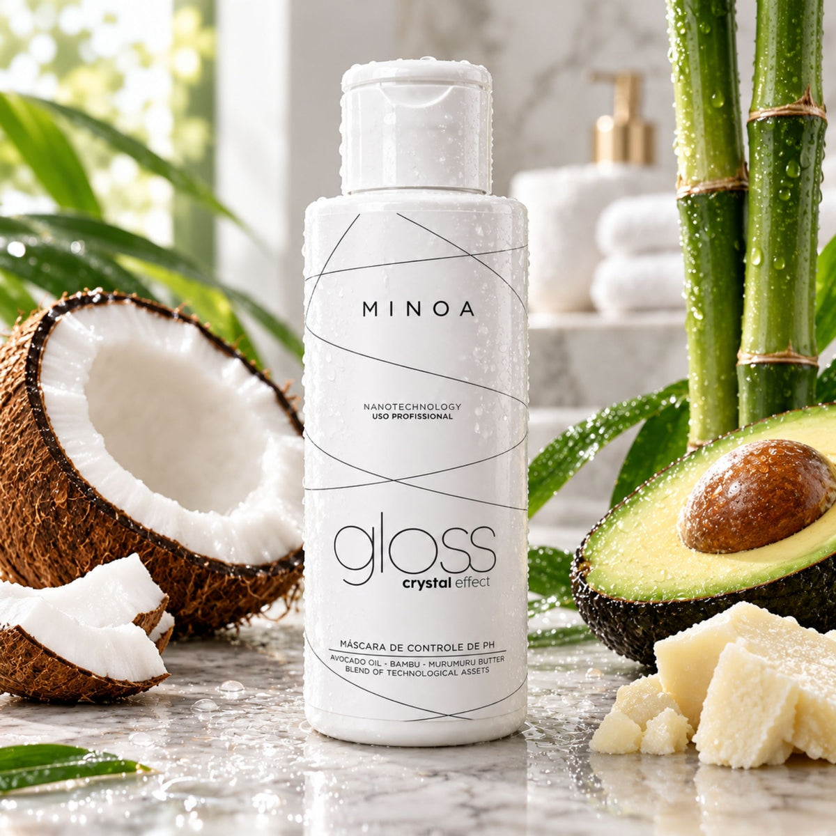 Minoa Gloss Crystal Effect – Masque contrôle pH 120 ml – mise en scène du produit