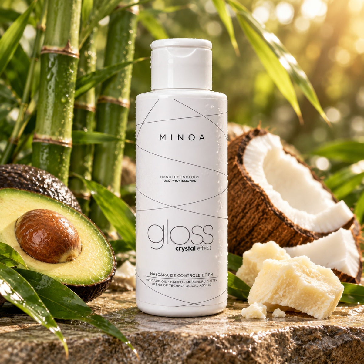 Minoa Gloss Crystal Effect – Masque contrôle pH 120 ml – mise en scène du produit