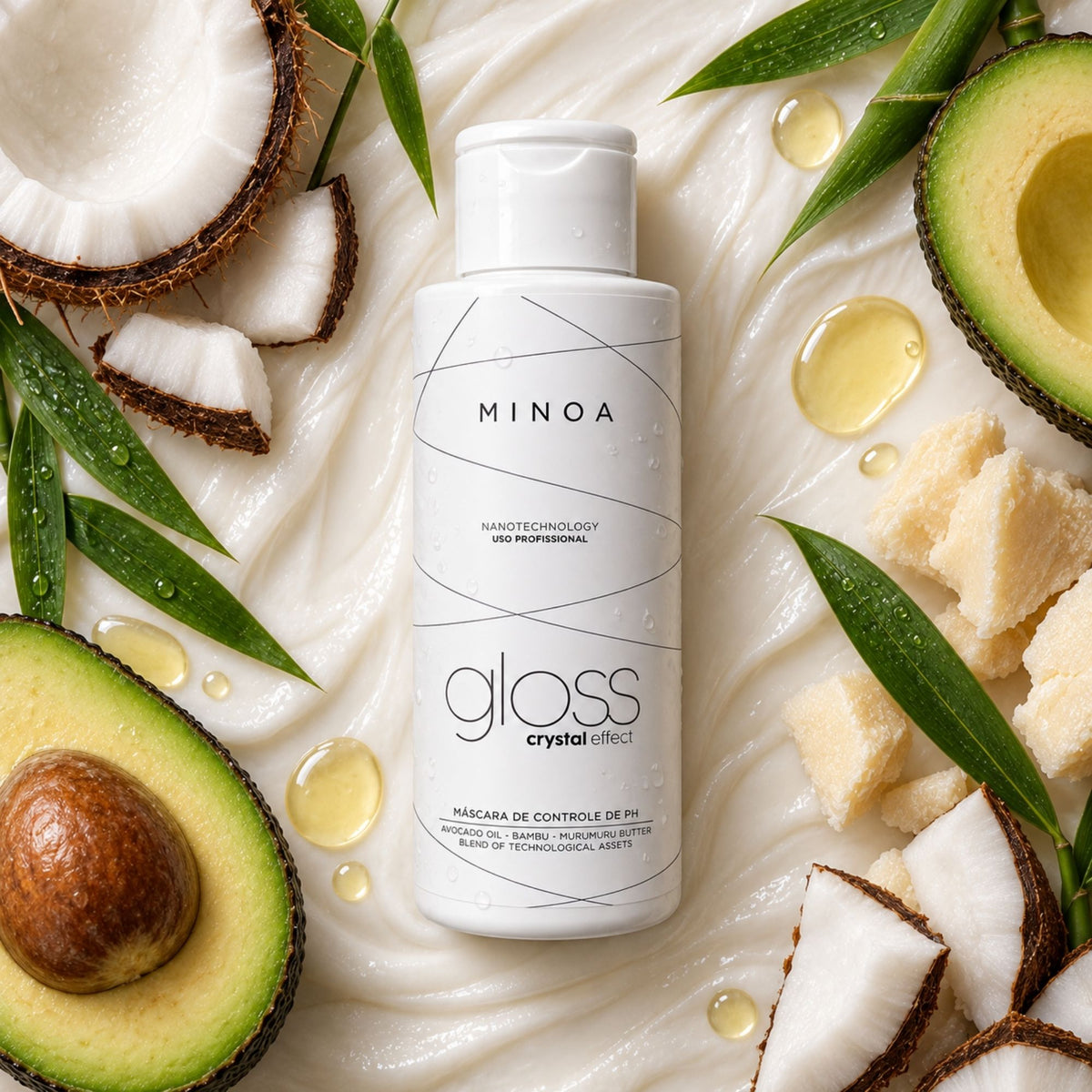 Minoa Gloss Crystal Effect – Masque contrôle pH 120 ml – mise en scène du produit