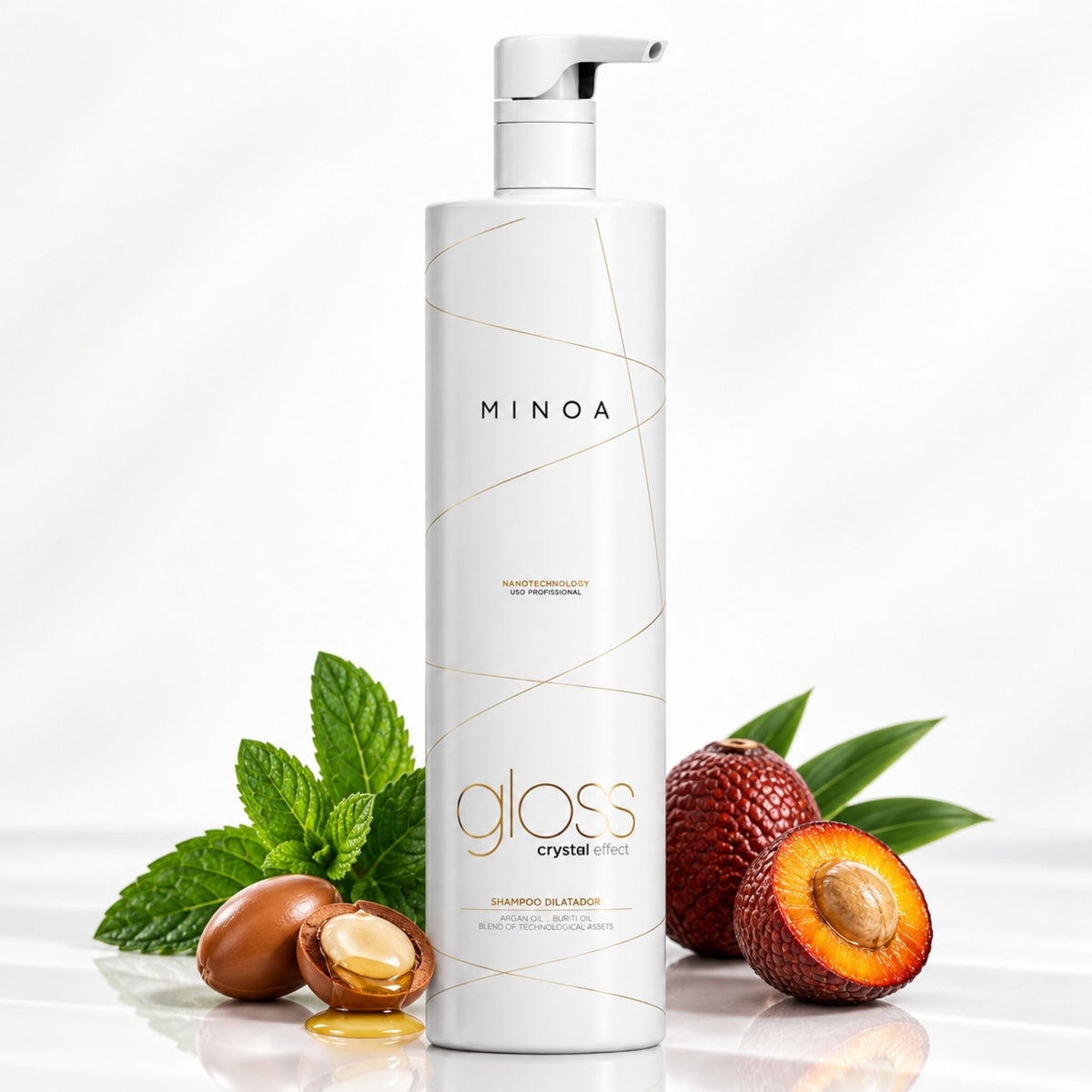 Minoa Gloss Crystal Effect – Shampoing clarifiant avant traitement 1 L – mise en scène du produit