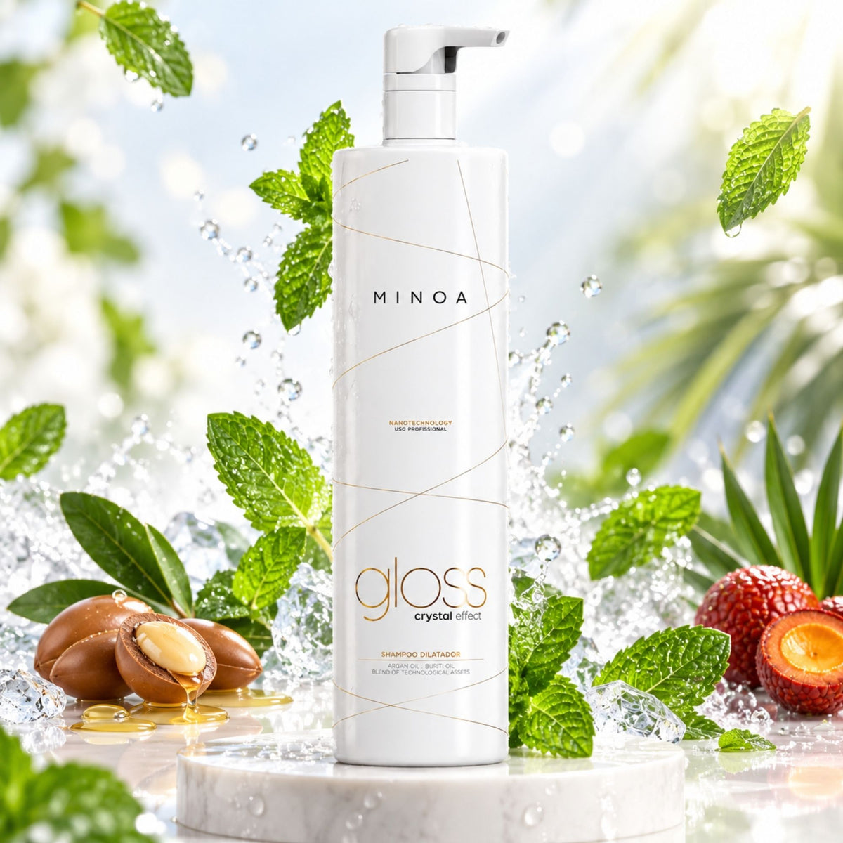 Minoa Gloss Crystal Effect – Shampoing clarifiant avant traitement 1 L – mise en scène du produit