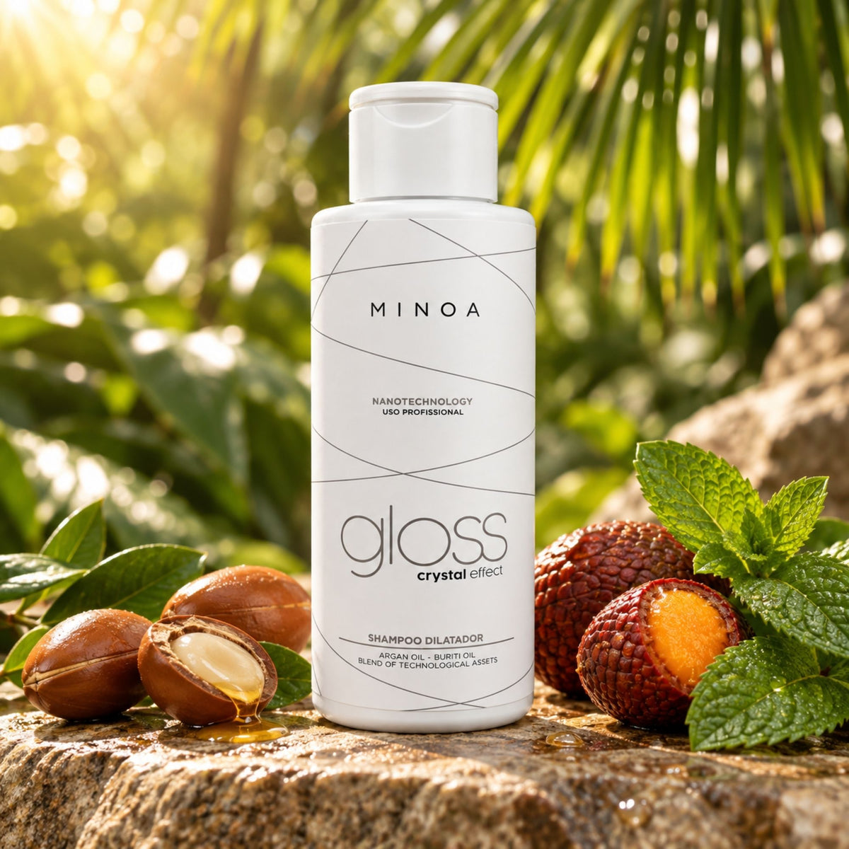 Minoa Gloss Crystal Effect – Shampoing clarifiant avant traitement 120 ml – mise en scène du produit