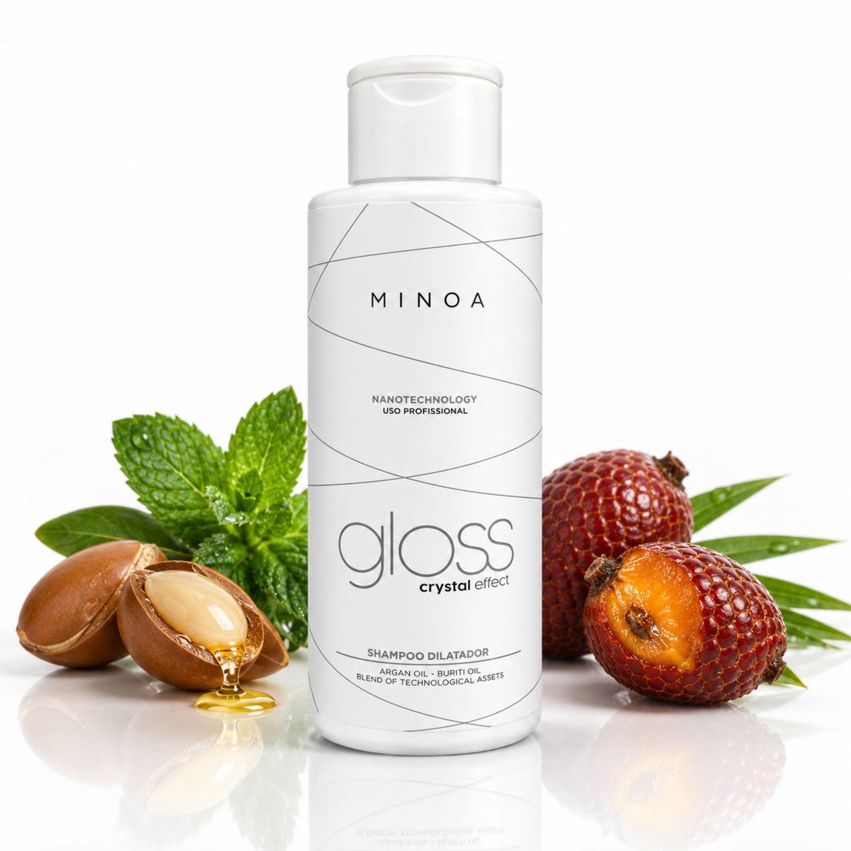 Minoa Gloss Crystal Effect – Shampoing clarifiant avant traitement 120 ml – mise en scène du produit