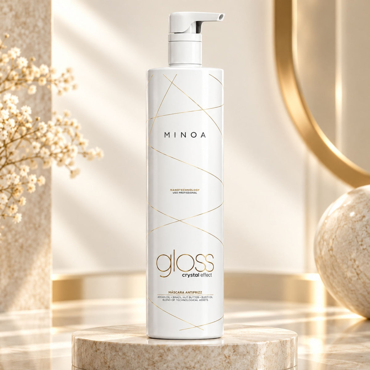 Minoa Gloss Crystal Effect – Soin lissant professionnel 1 L – mise en scène du produit