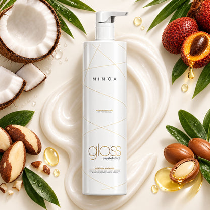 Minoa Gloss Crystal Effect – Soin lissant professionnel 1 L – mise en scène du produit