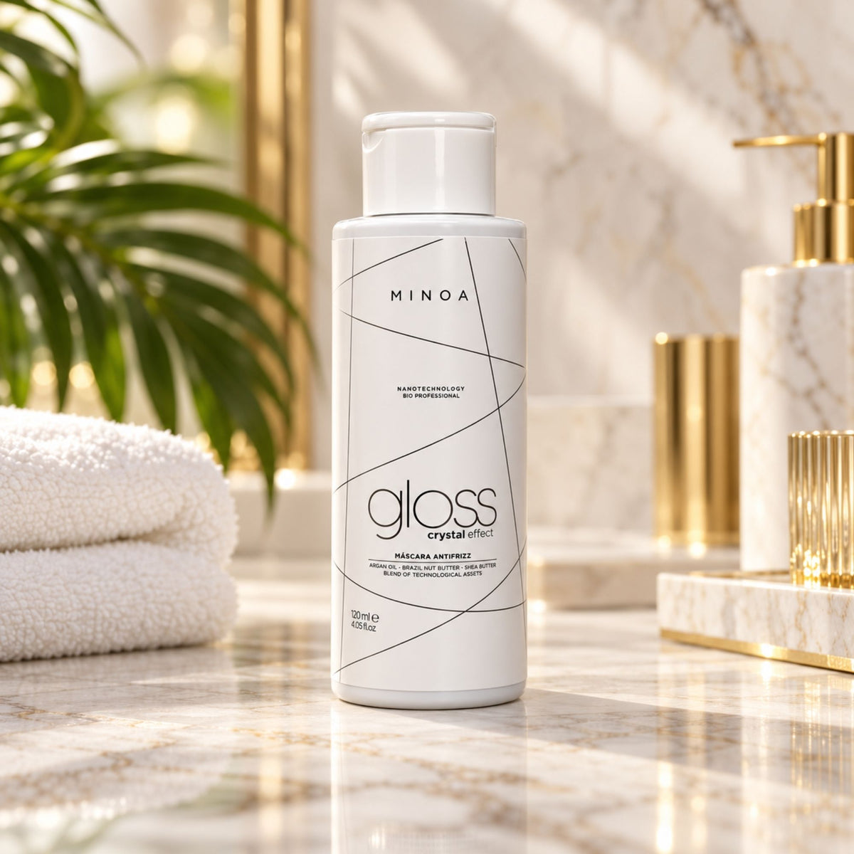 Minoa Gloss Crystal Effect – Soin lissant professionnel 120 ml – mise en scène du produit