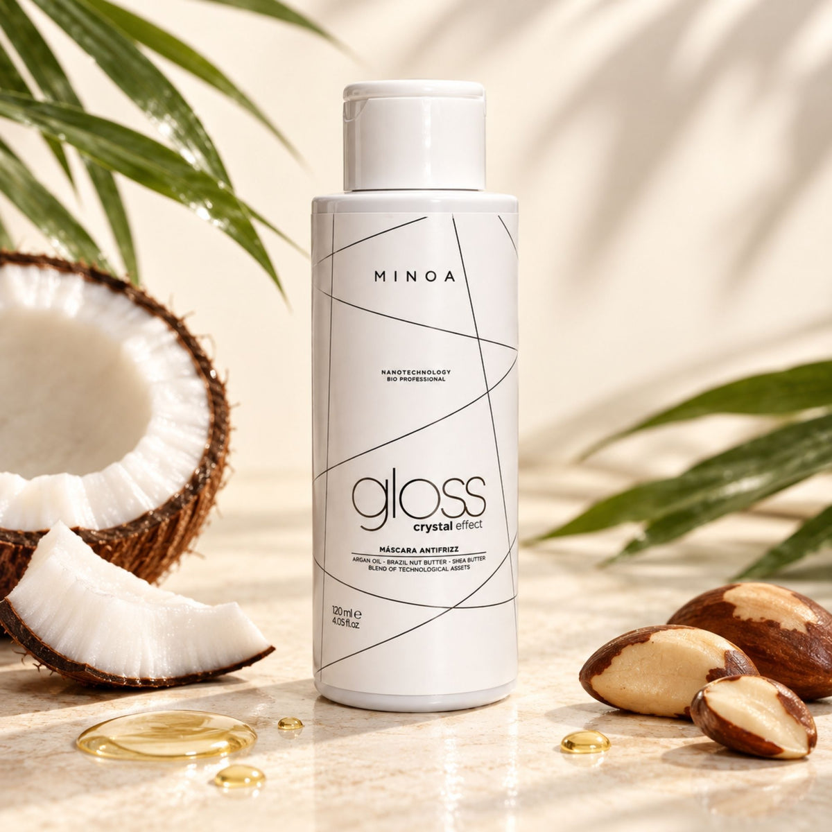 Minoa Gloss Crystal Effect – Soin lissant professionnel 120 ml – mise en scène du produit
