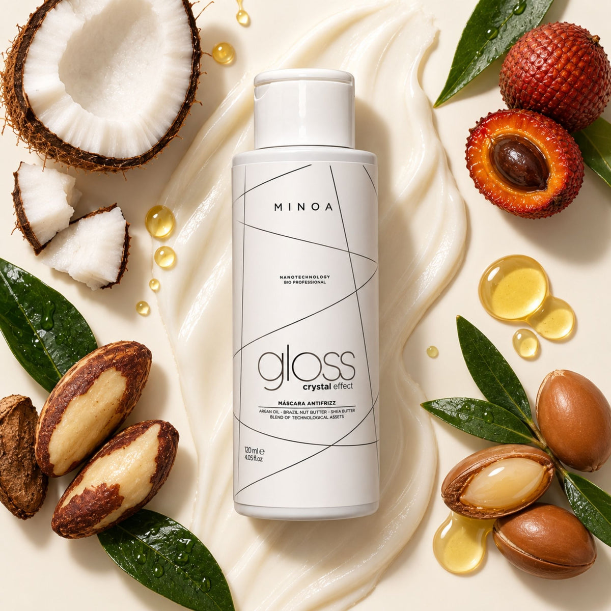 Minoa Gloss Crystal Effect – Soin lissant professionnel 120 ml – mise en scène du produit