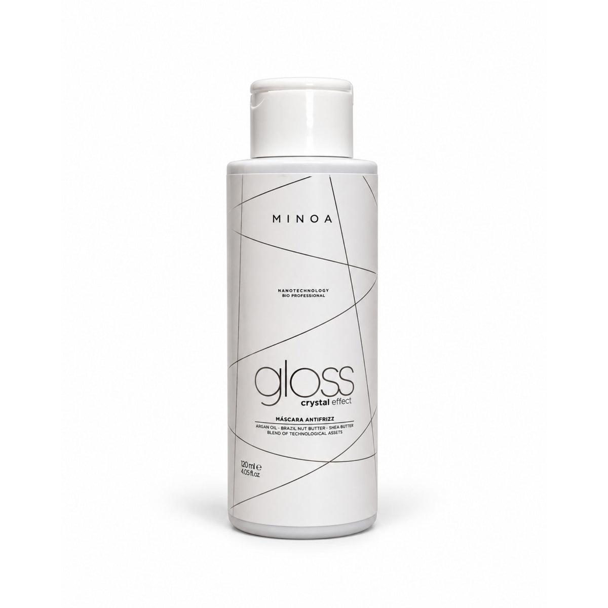 Minoa Gloss Crystal Effect – Soin lissant professionnel 120 ml – flacon sur fond blanc