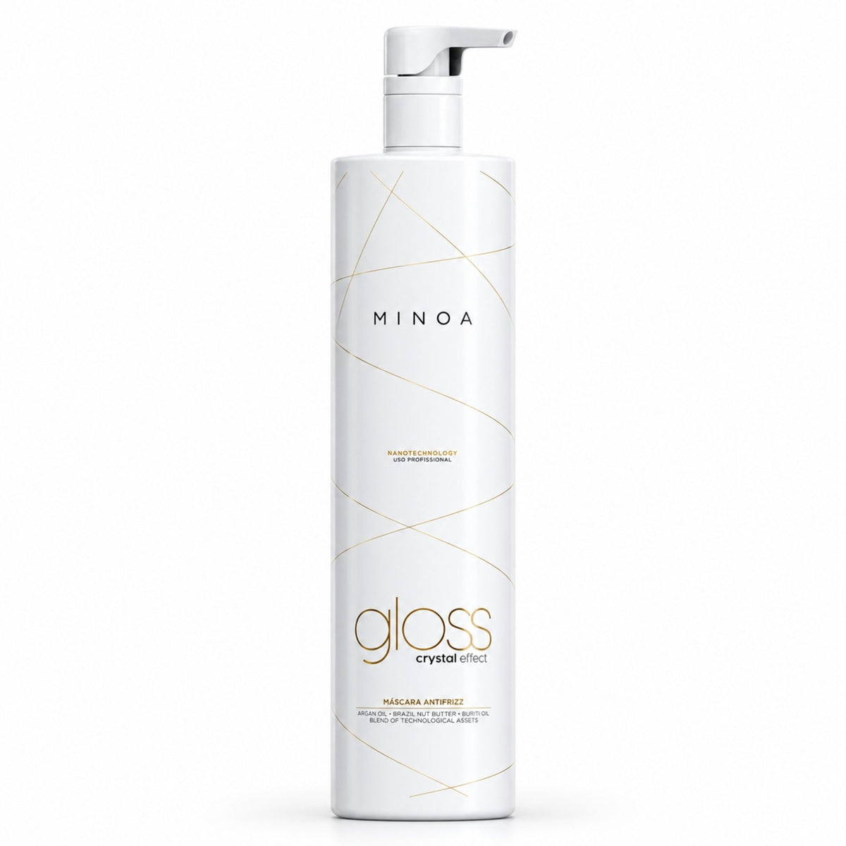 Minoa Gloss Crystal Effect – Soin lissant professionnel 1 L, flacon sur fond blanc