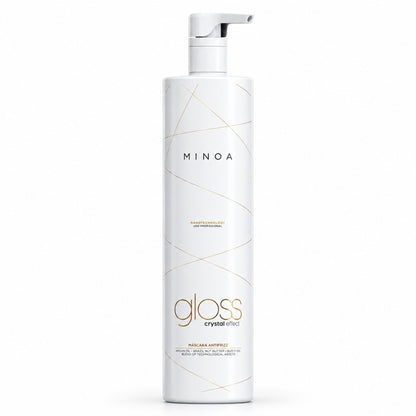 Minoa Gloss Crystal Effect – Soin lissant professionnel 1 L, flacon sur fond blanc