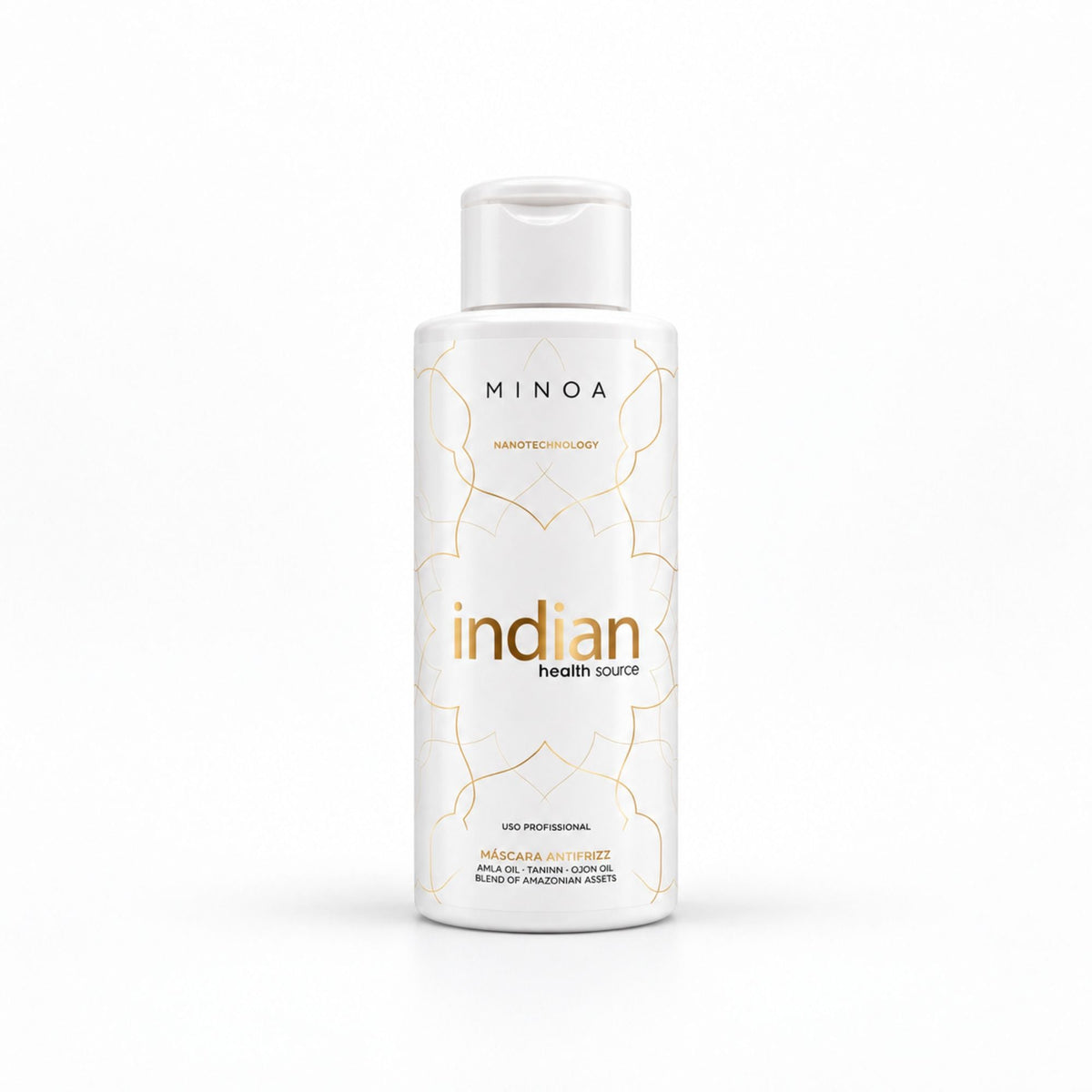 Soin lissant Minoa Indian Health Source Organic Protein, flacon 120 ml sur fond blanc