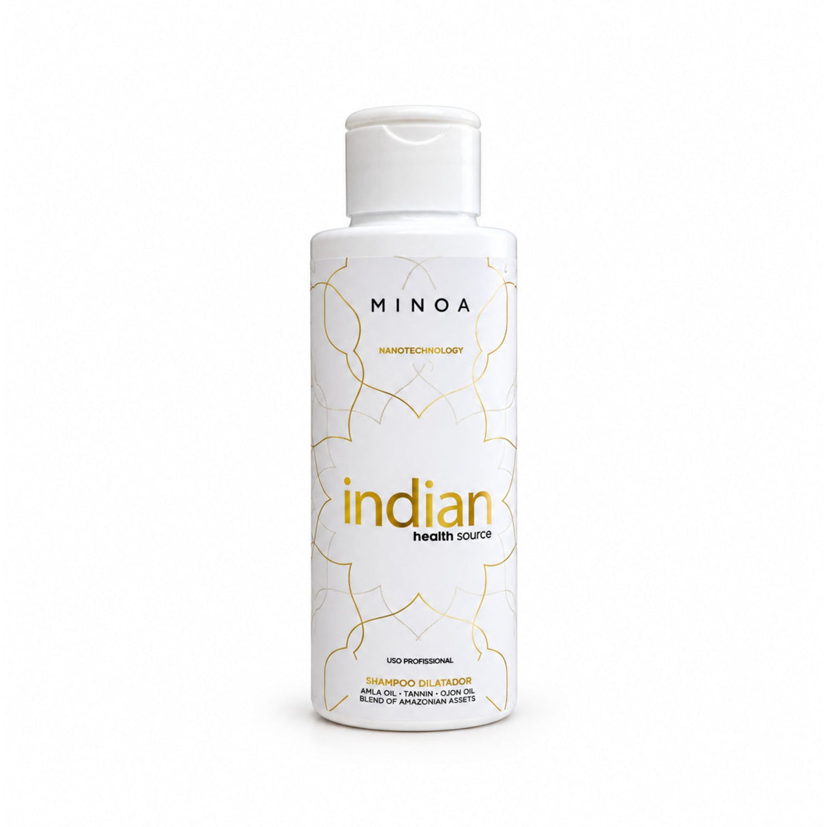 Shampooing clarifiant Minoa Indian Health Source, flacon 120 ml sur fond blanc