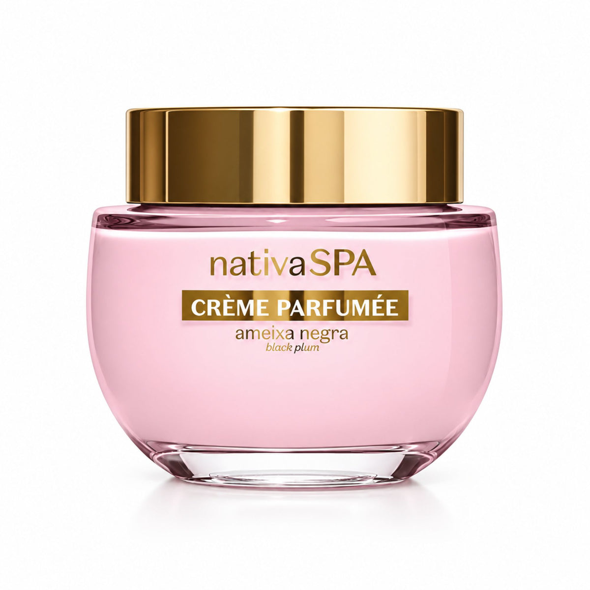 Crème parfumée corps Nativa SPA Ameixa Negra 200 g, pot rose à couvercle doré sur fond blanc.