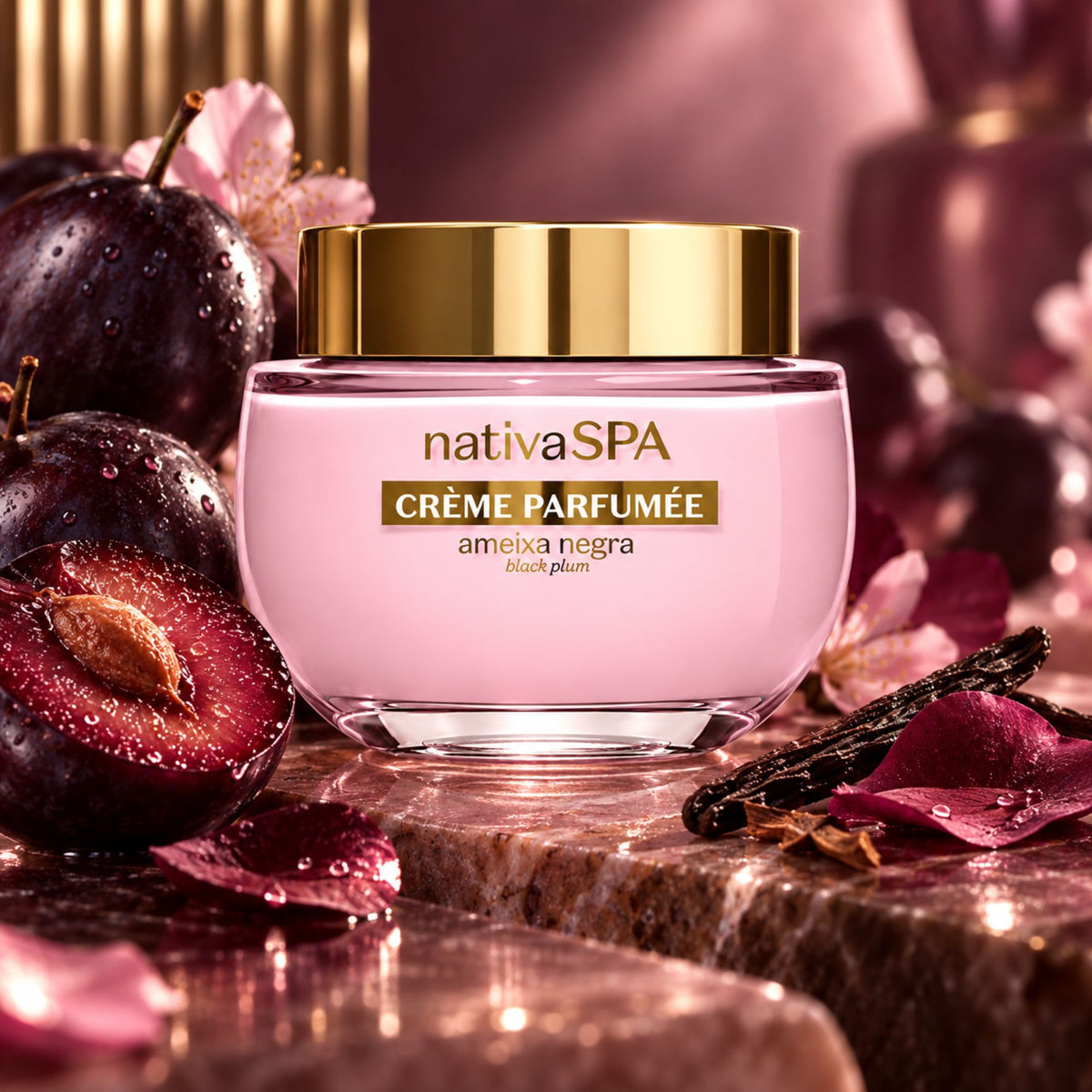 Crème parfumée Nativa SPA Ameixa Negra 200 g présentée avec des prunes noires et des fleurs.