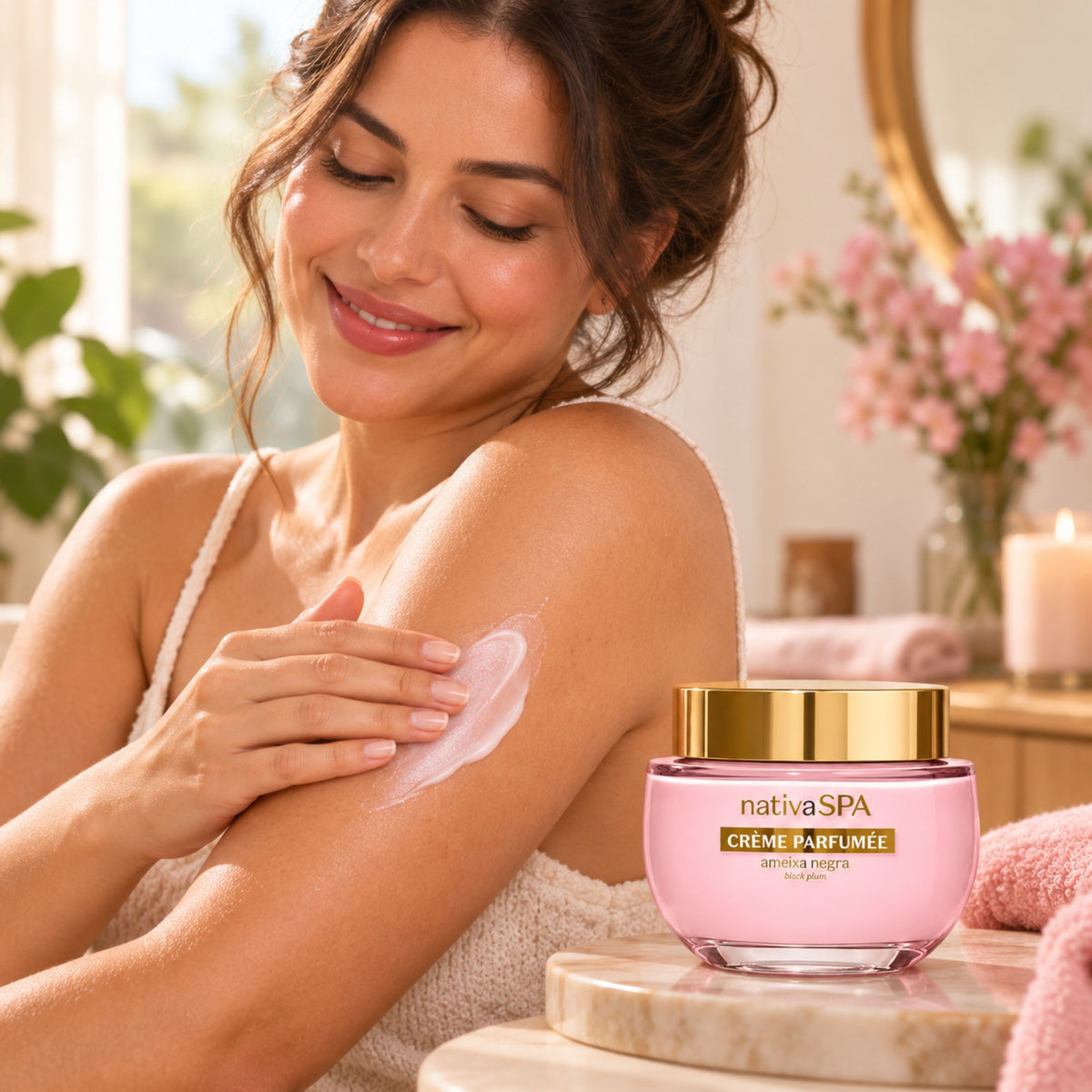 Application de la crème Nativa SPA Ameixa Negra sur le bras, avec le pot de 200 g.