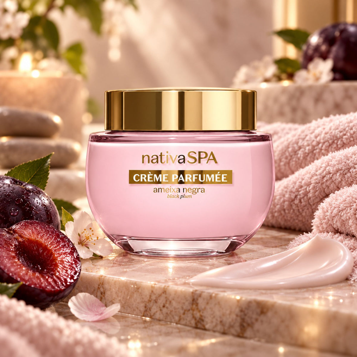 Pot de crème parfumée Ameixa Negra 200 g et sa texture crémeuse rose, avec prunes et serviettes.