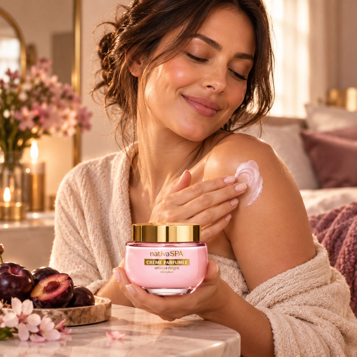 Femme appliquant la crème Nativa SPA Ameixa Negra sur son épaule et tenant le pot de 200 g.