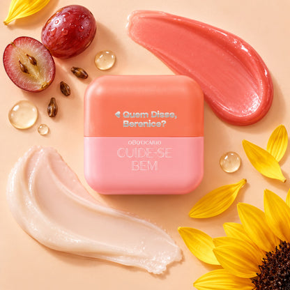 Baume Pessegura Coral entouré de raisins, de tournesol et de touches de texture crémeuse