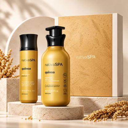 Coffret Nativa SPA Quinoa 2026 — lotion 400 ml et Body Splash 200 ml devant leur boîte cadeau