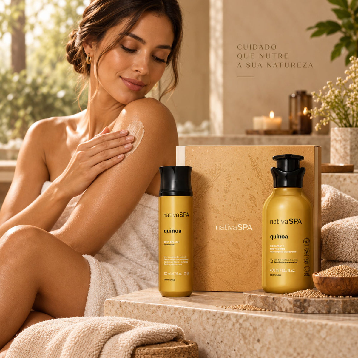 Application de la lotion Nativa SPA Quinoa sur le bras, avec le coffret cadeau et le Body Splash