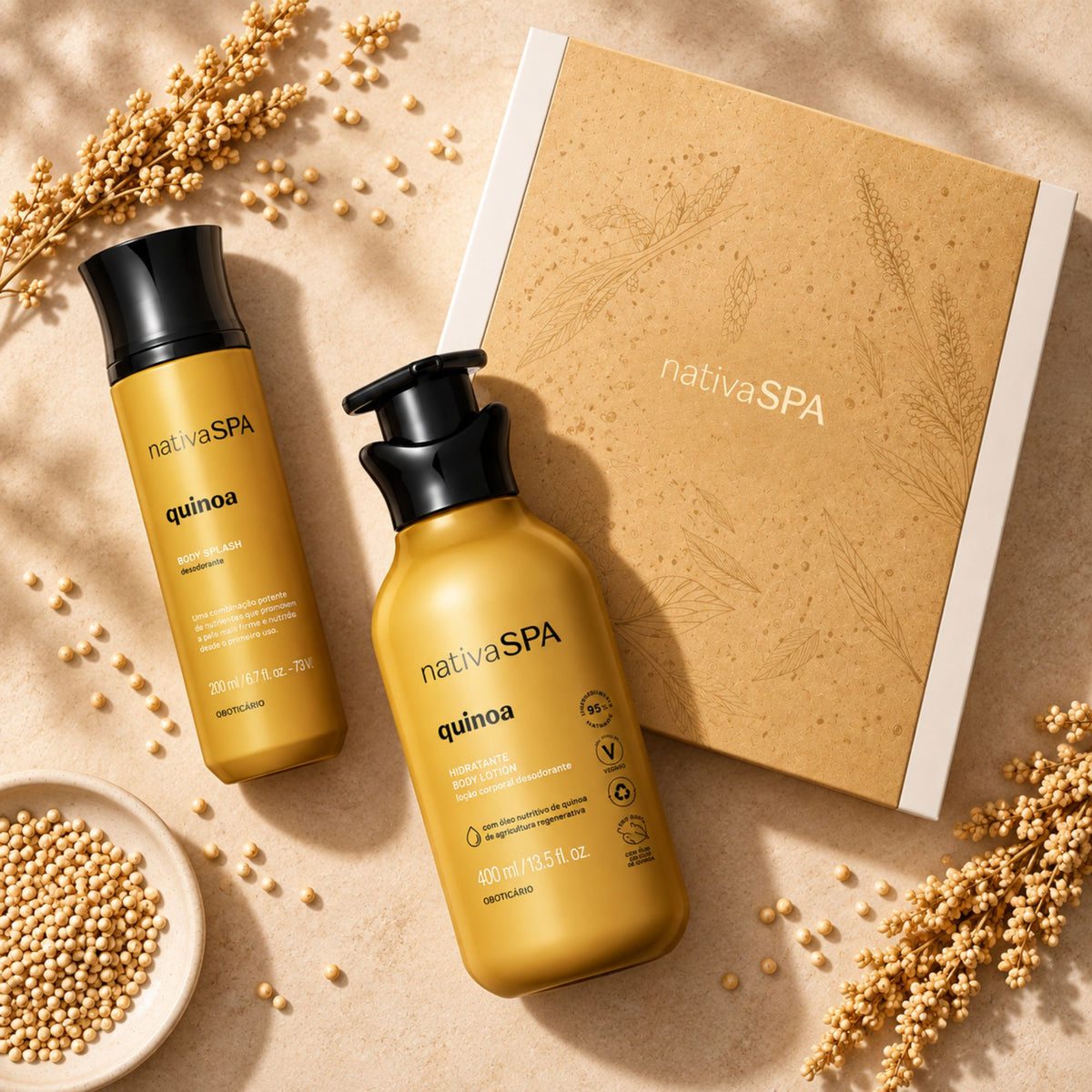 Coffret Nativa SPA Quinoa 2026 — vue du dessus de la lotion, du Body Splash et de la boîte cadeau
