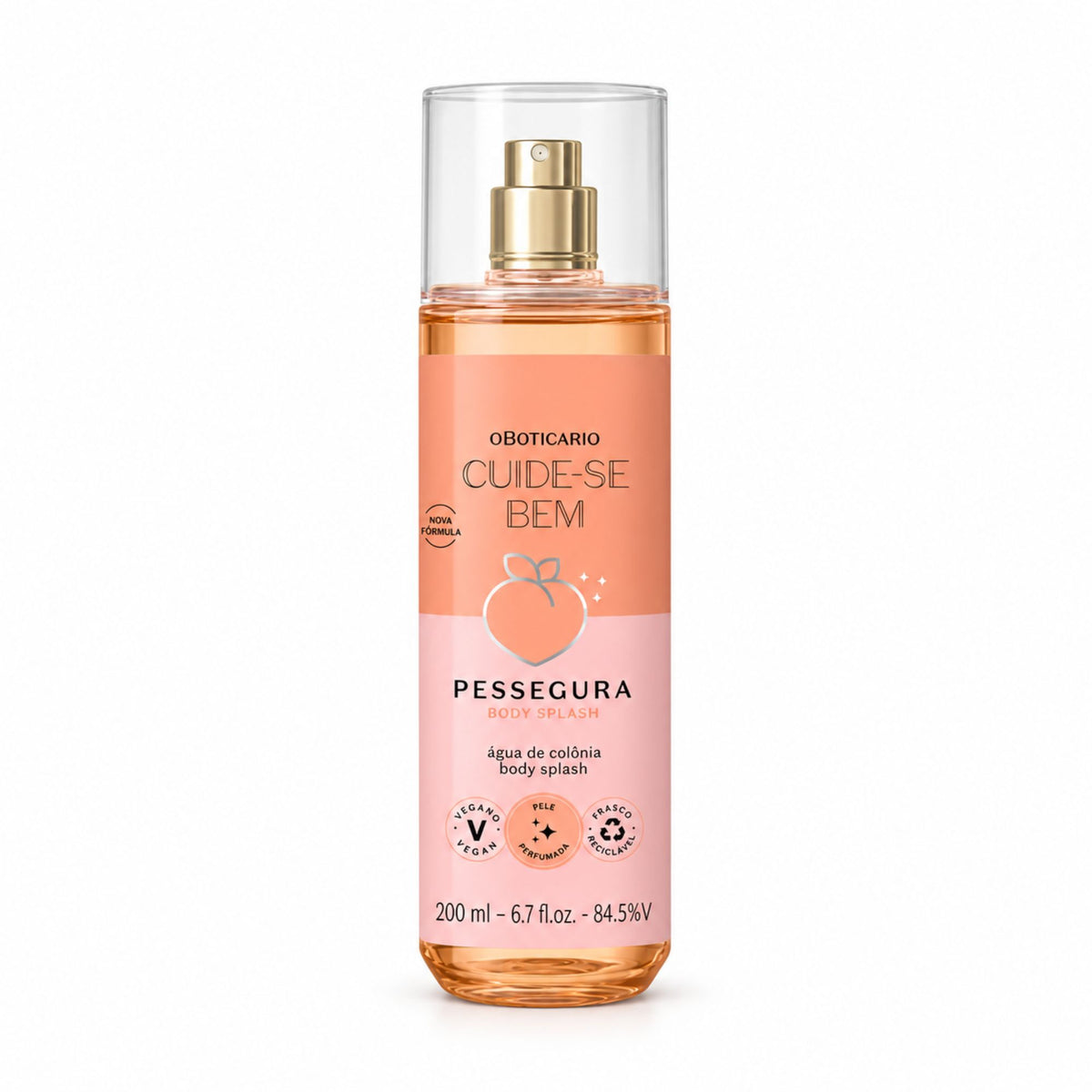Flacon de Body Splash Cuide-se Bem Pessegura 200 ml O Boticário sur fond blanc