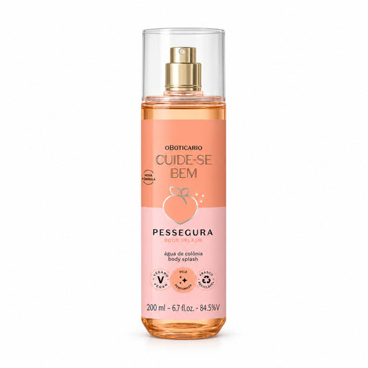 Flacon de Body Splash Cuide-se Bem Pessegura 200 ml O Boticário sur fond blanc
