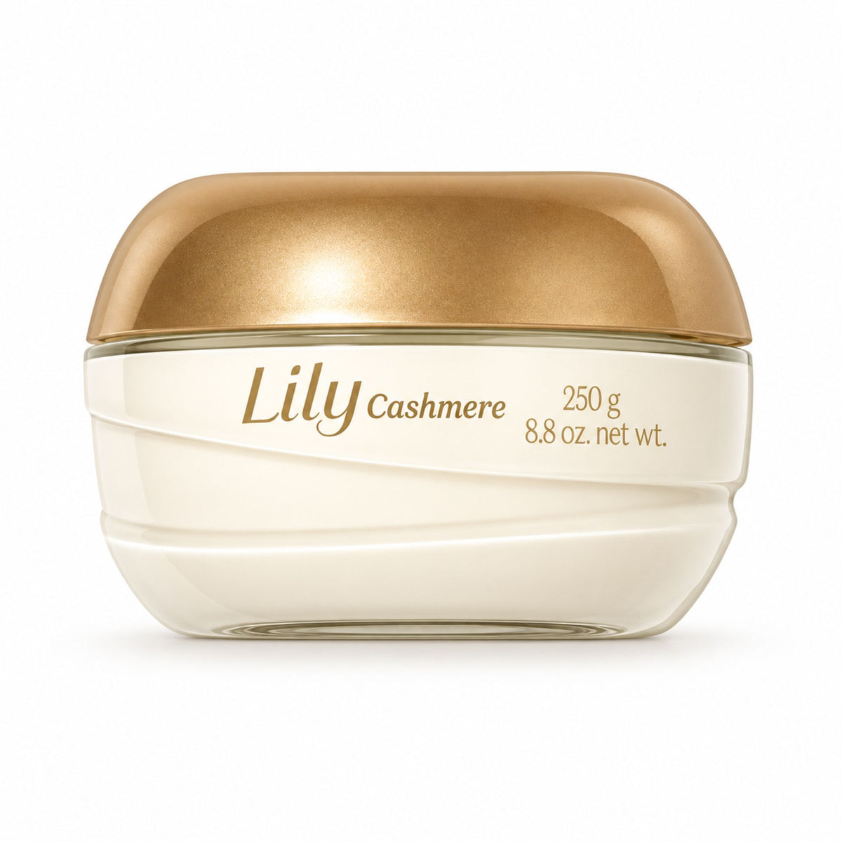 Crème corps satinée Lily Cashmere O Boticário 250 g, pot sur fond blanc