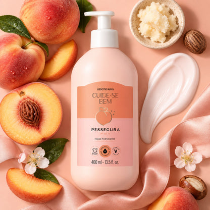 Lotion corps Pessegura 400 ml présentée avec des pêches, du beurre de karité et une texture crémeuse.