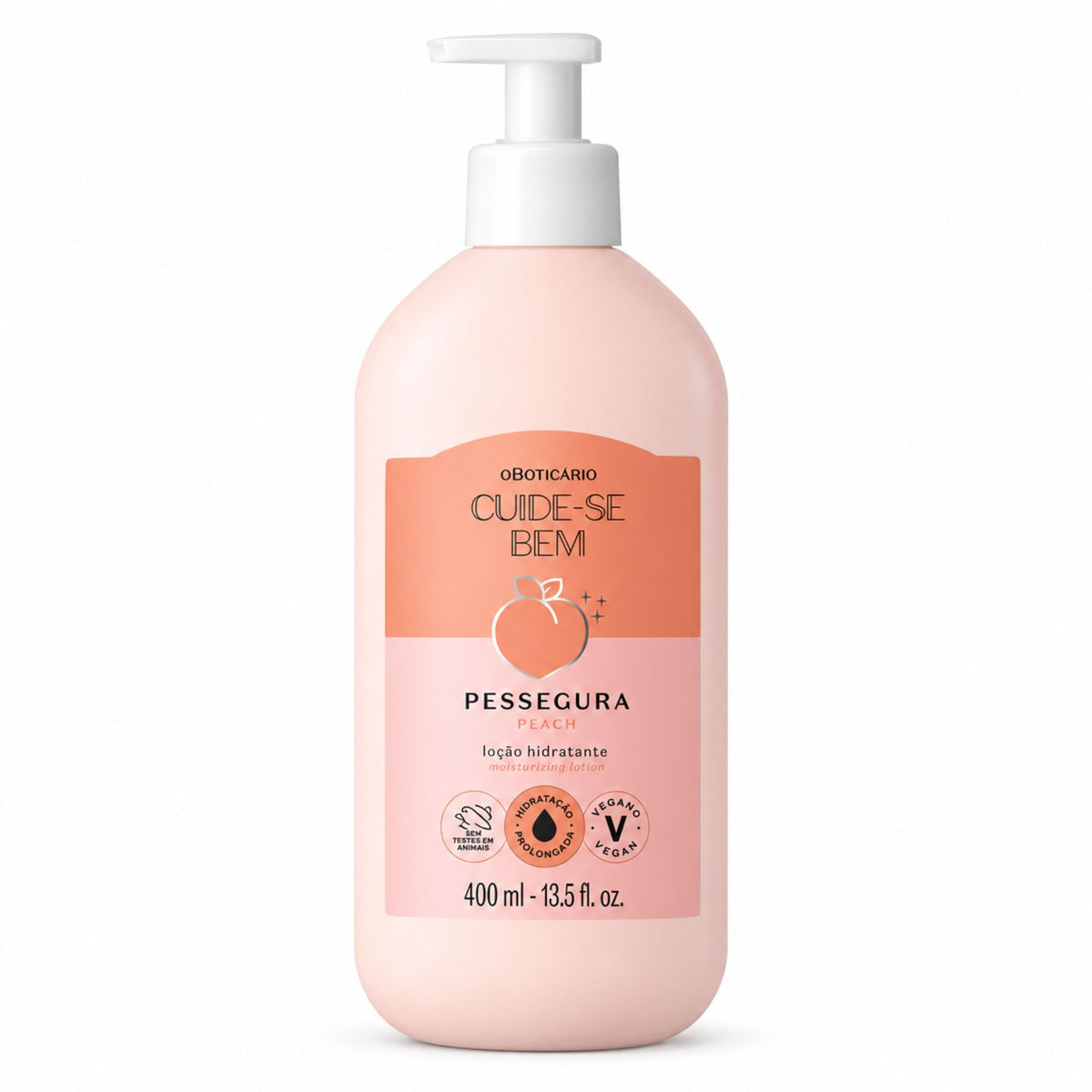 Flacon-pompe de lotion hydratante corps Cuide-se Bem Pessegura 400 ml O Boticário sur fond blanc.