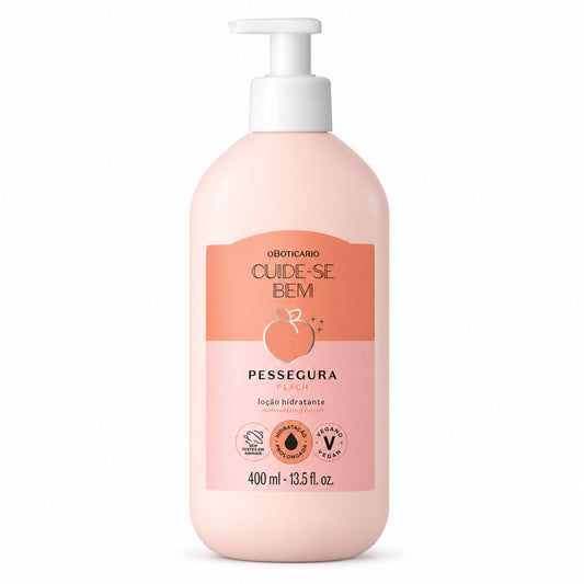Flacon-pompe de lotion hydratante corps Cuide-se Bem Pessegura 400 ml O Boticário sur fond blanc.