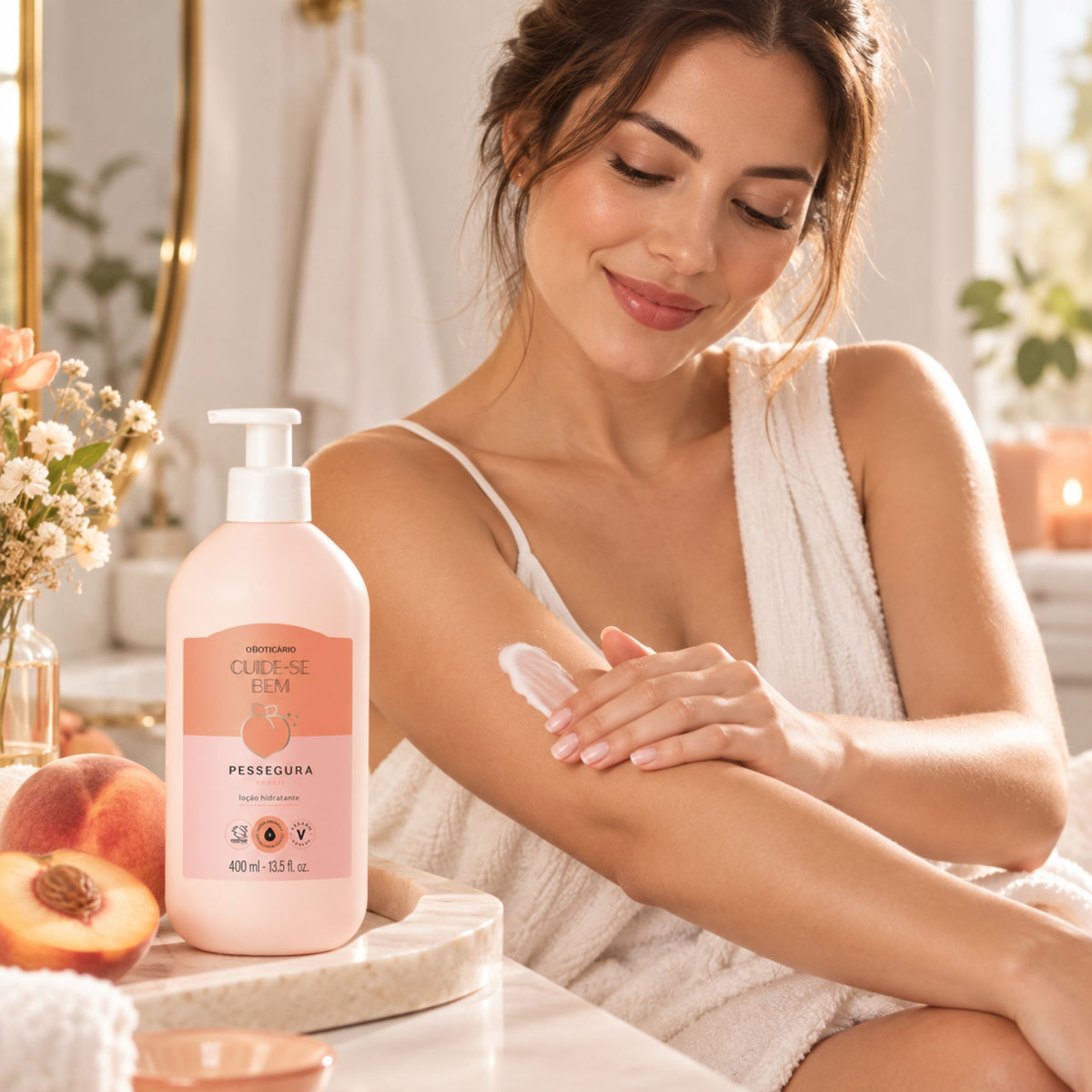 Application de la lotion Cuide-se Bem Pessegura sur le bras, avec le flacon de 400 ml.
