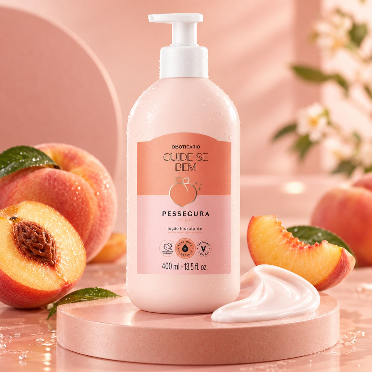 Flacon de lotion Pessegura 400 ml entouré de pêches et de crème sur un décor rose.