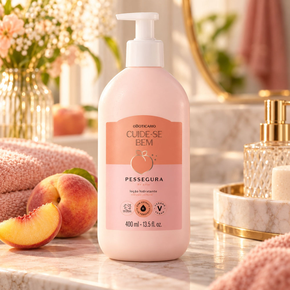 Lotion corps Pessegura 400 ml sur un meuble de salle de bain avec une serviette rose.