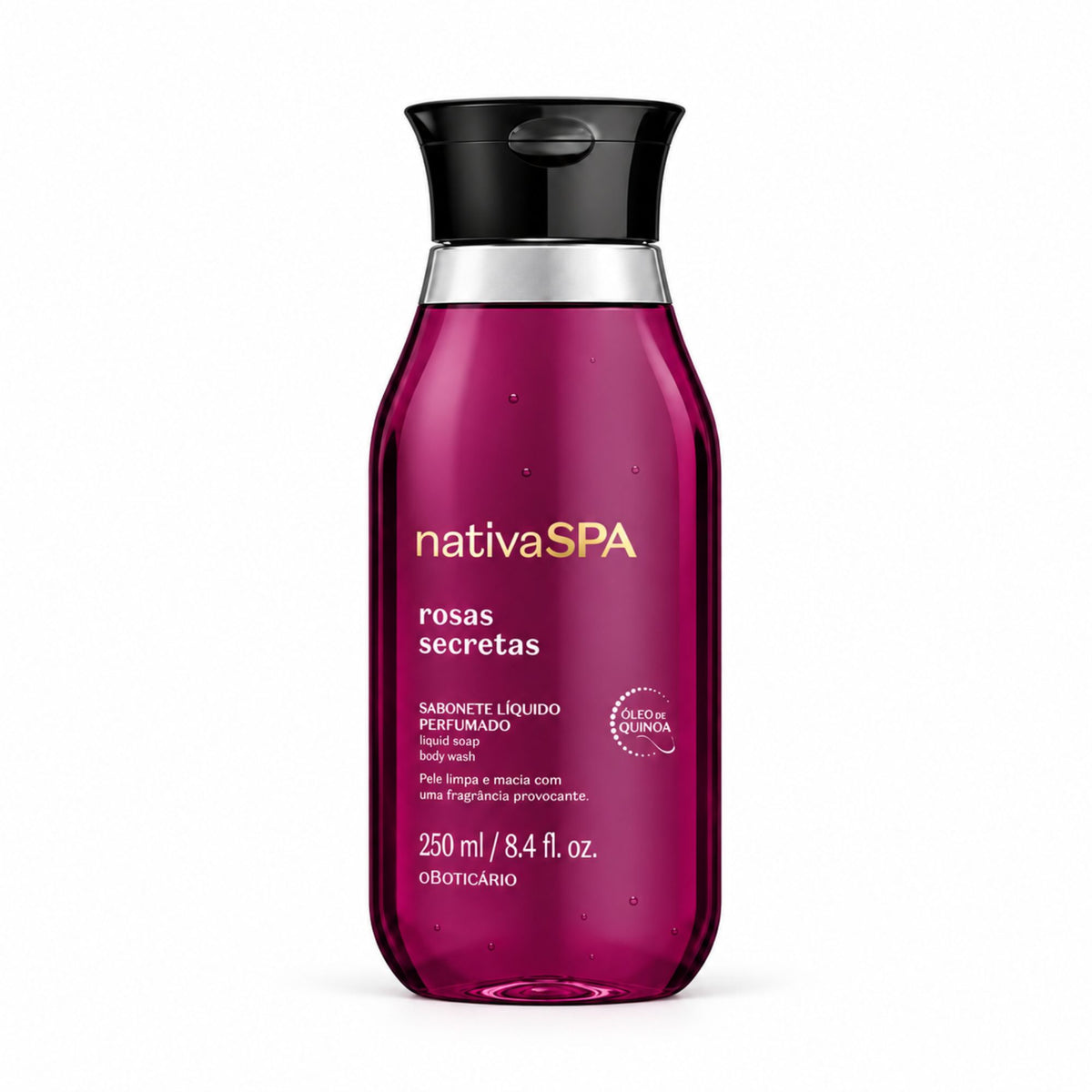 Savon liquide parfumé Nativa SPA Rosas Secretas 250 ml O Boticário, flacon violet sur fond blanc