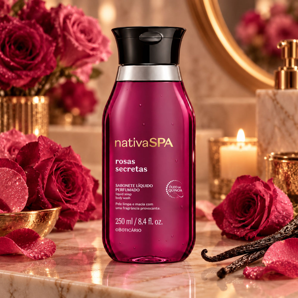 Savon liquide Nativa SPA Rosas Secretas 250 ml entouré de roses et de gousses de vanille