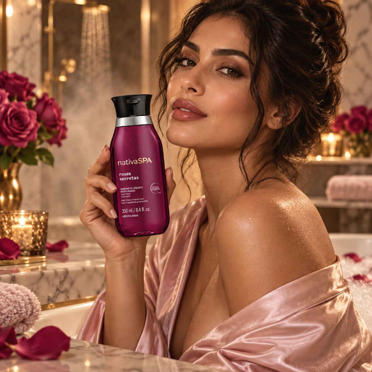 Femme tenant le savon liquide parfumé Nativa SPA Rosas Secretas 250 ml dans une salle de bain