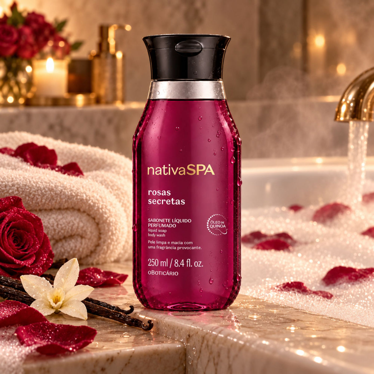 Savon liquide Nativa SPA Rosas Secretas 250 ml au bord du bain, avec roses, vanille et serviette