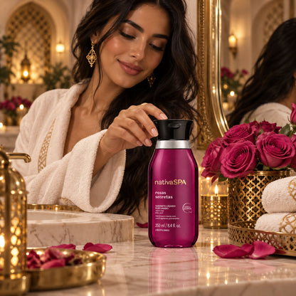 Rituel de soin avec le savon liquide Nativa SPA Rosas Secretas 250 ml posé près du lavabo