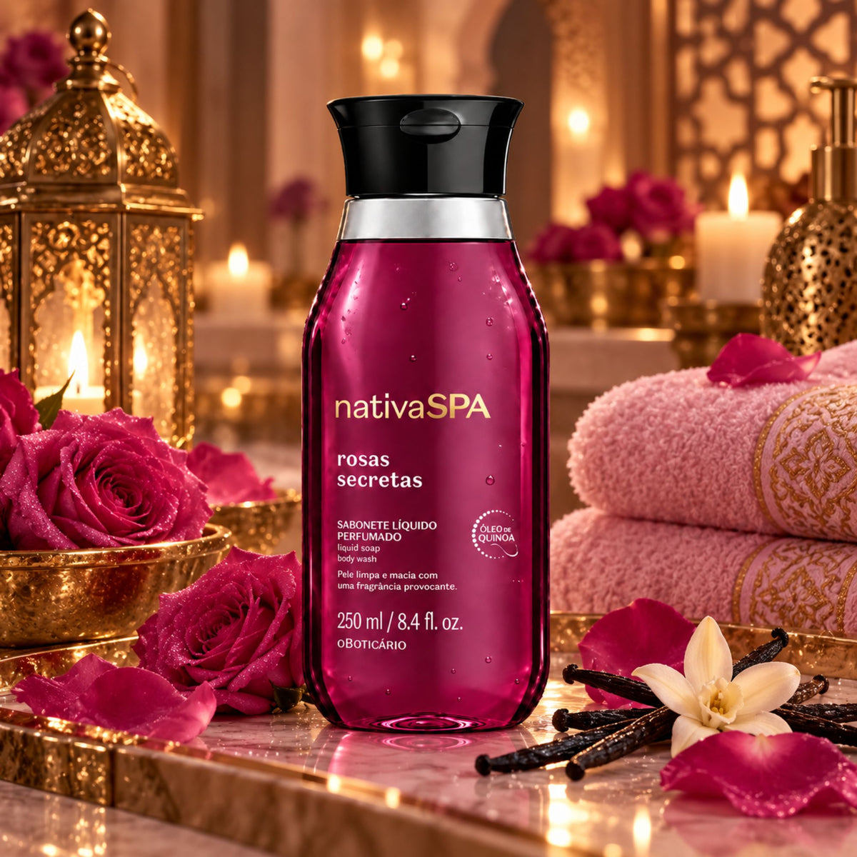 Savon liquide parfumé Nativa SPA Rosas Secretas 250 ml avec roses, vanille et serviettes roses